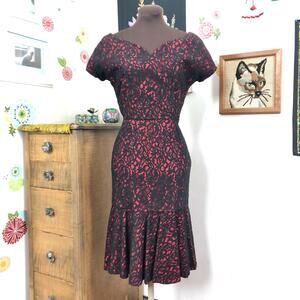 Vintage Black & Red Lace Cocktail Dress, 1960s Wiggle Dress XXS, Prom or Formal